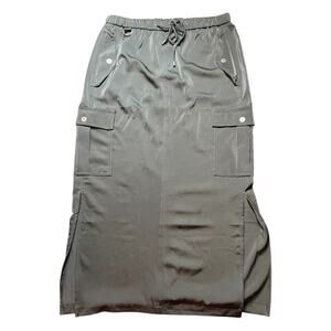 JOIE Black Satin Midi Cargo Skirt Drawstring Pockets Size 8